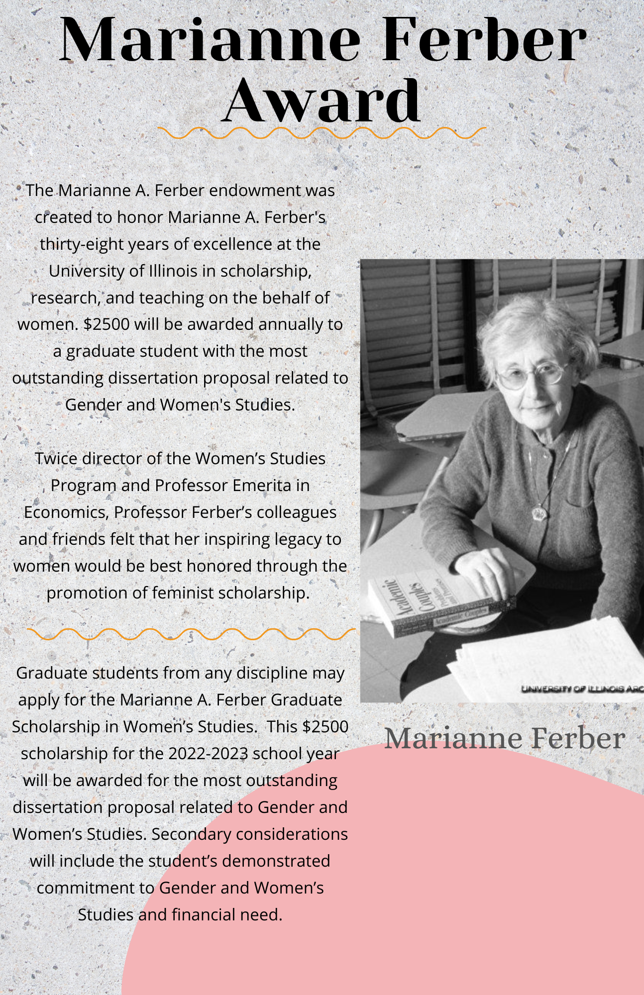 Description of Marianne Ferber Award with photo