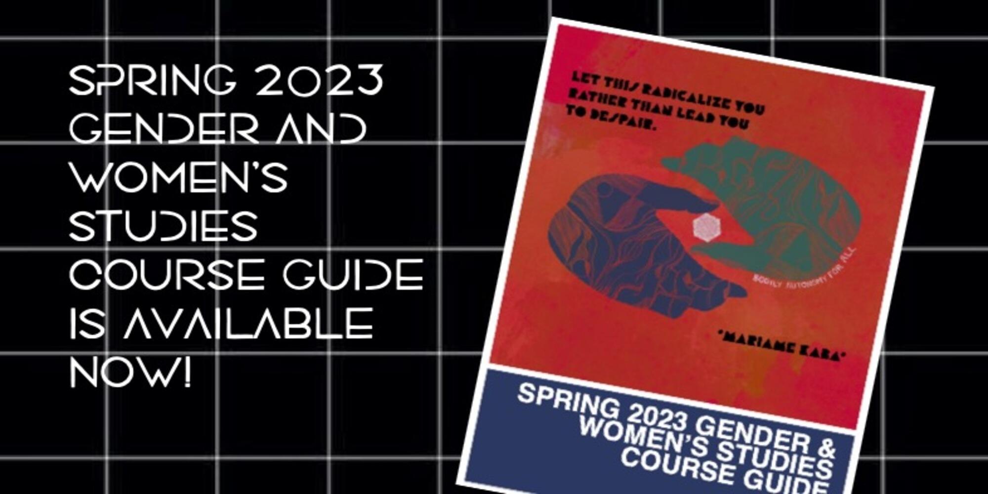 Black grid background with an image of the Spring 2023 Course Guide cover.