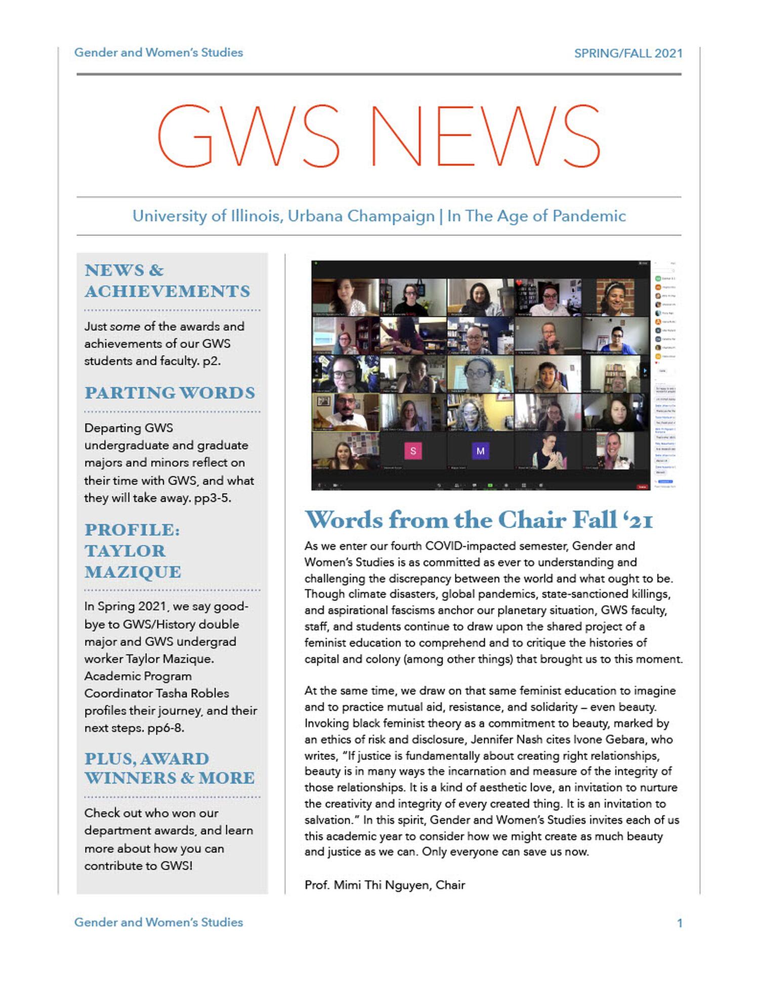 Image of the 1st page of the GWS Newsletter