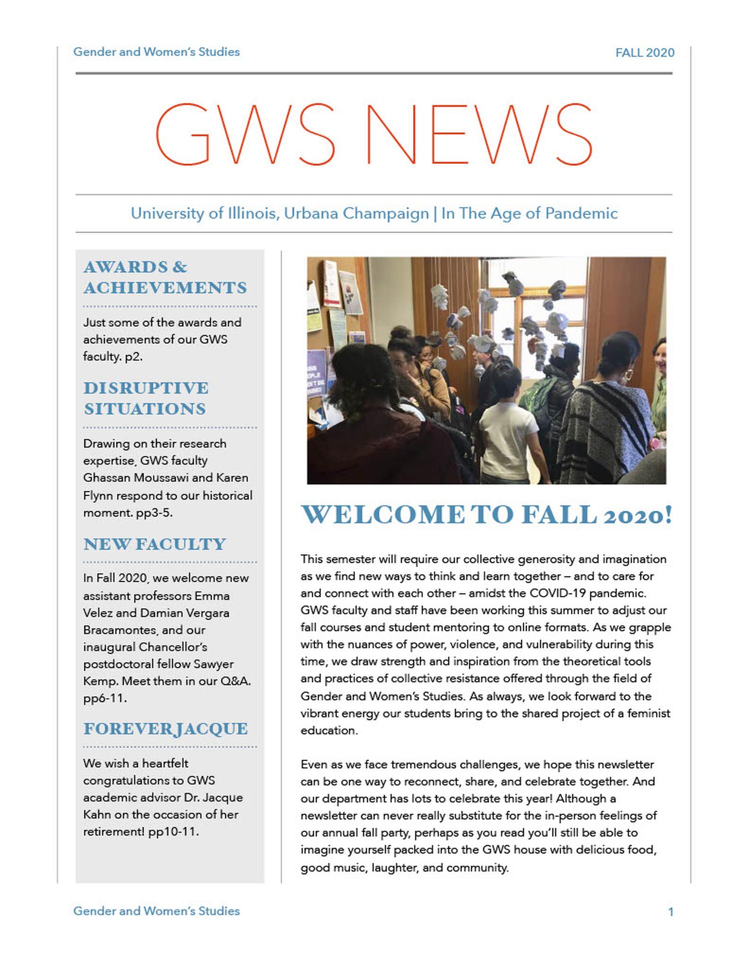 Image of the 1st page of the GWS Newsletter from Fall 2020