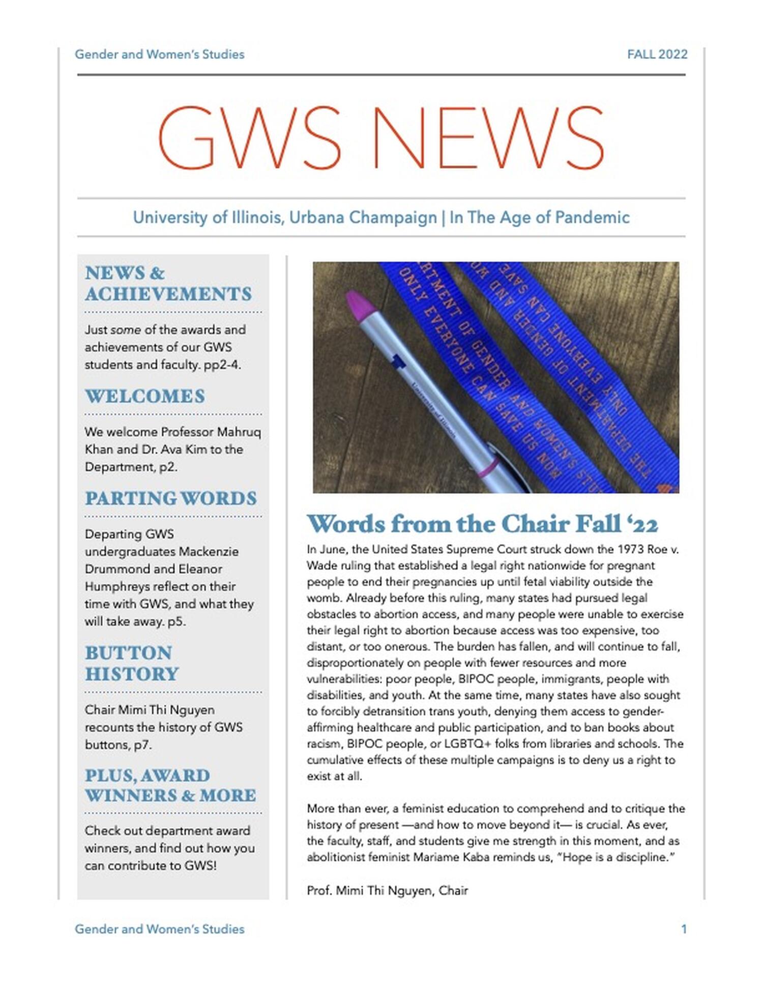 The first page of the GWS Fall 2022 newsletter.