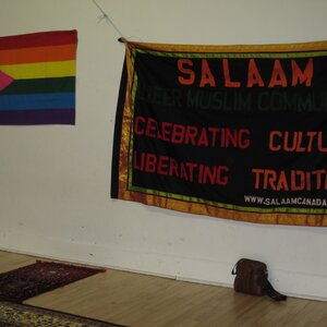 Gender and LGBTQ+ inclusive flags at a Toronto mosque.